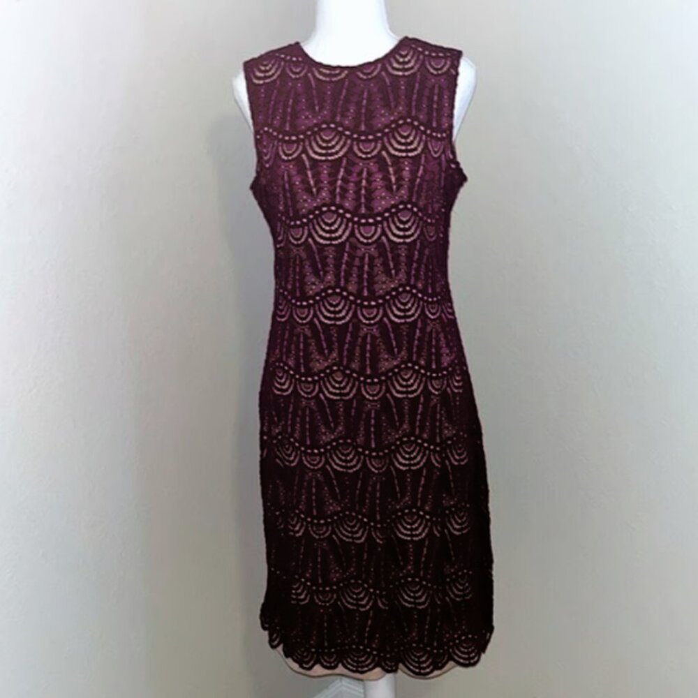 Sharango NWT Bordeaux/Blush Lace Overlay Day Wear/Cocktail Sheath Dress, Size 16